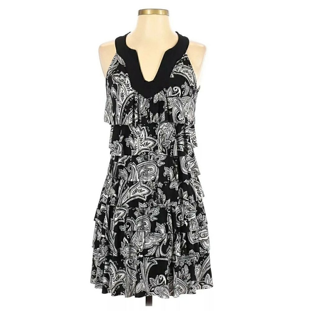 WHBM Tiered Black Paisley Sleeveless Dress